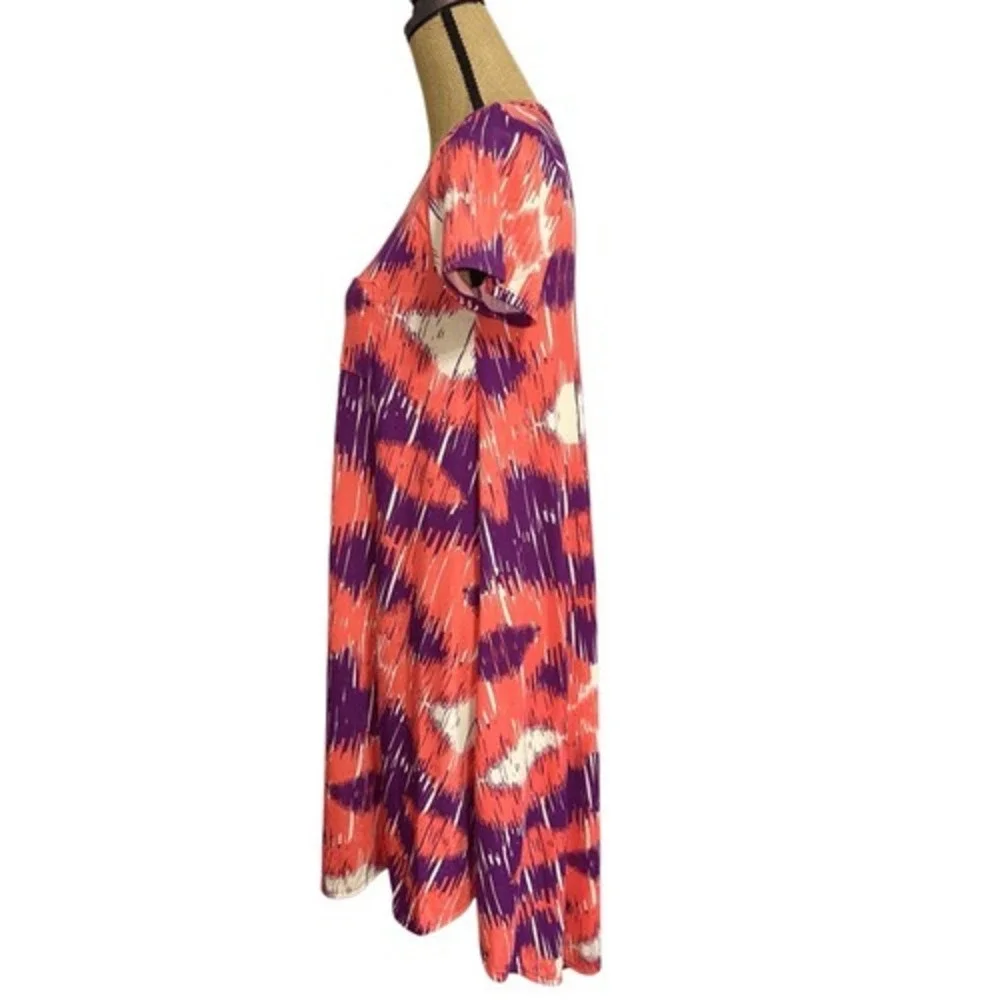 LuLaRoe Carly Swing Dress XXS Ikat Abstract Coral Purple High Low Pocket Stretch